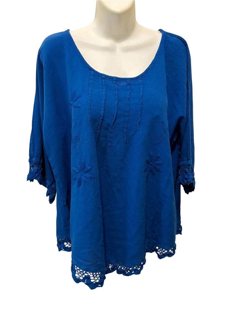 Oh My Gauze! Cobalt Blue Embroidered Floral Top Sz XXL Crochet Hem & Cuff Cotton